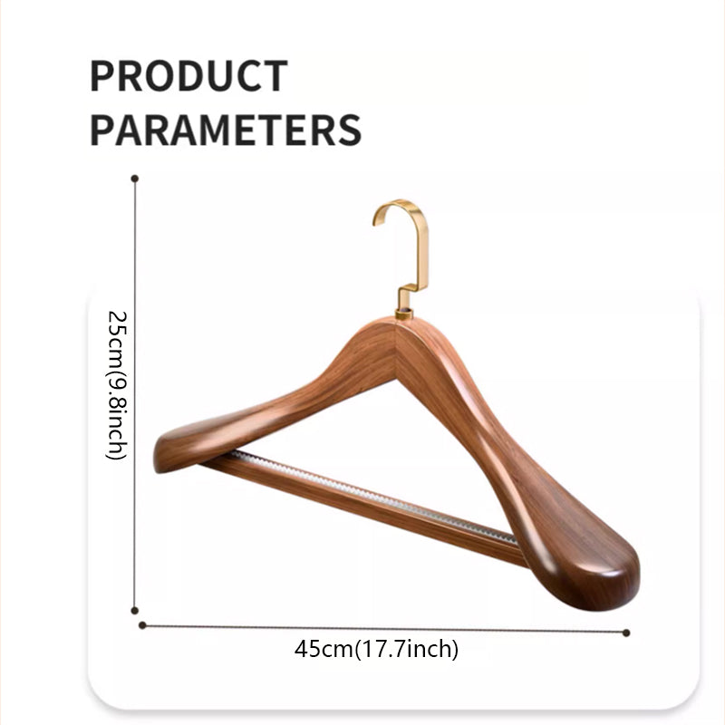 Brown solid wood hangers, gold flat hooks, non-slip serrated design, suitable for clothes and trousers
