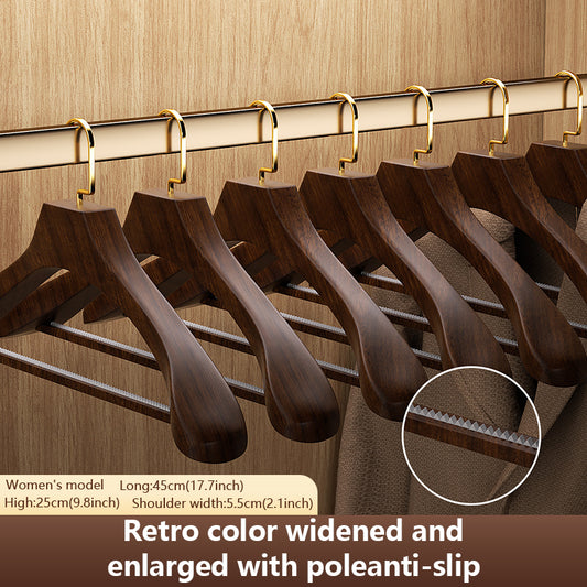 Brown solid wood hangers, gold flat hooks, non-slip serrated design, suitable for clothes and trousers