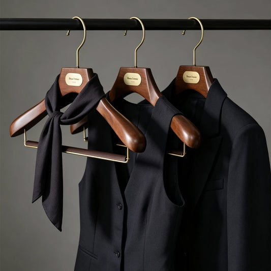 Custom Wooden Suit Hangers with Metal Logo Plate | Wholesale MOQ 50