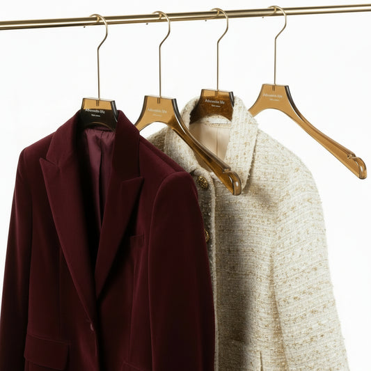 Brauner Acryl-Kleiderbügel mit langem Metallhaken und Clips für Anzüge, Röcke und Hosen – 50 Stück