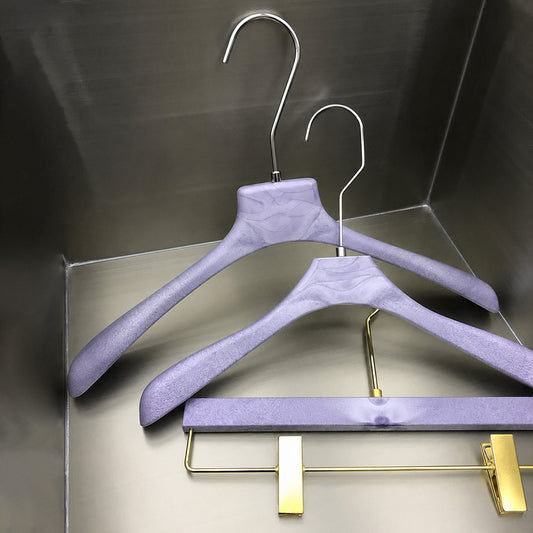 Purple Wood Grain Resin Hangers with Pants Clips for Boutiques