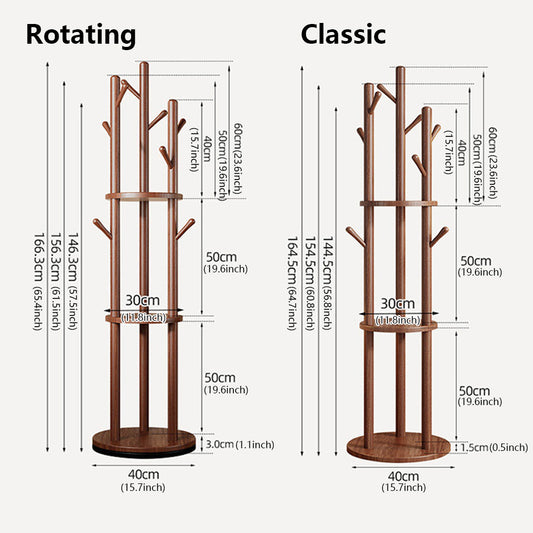 Freestanding Wood Coat Rack & Clothing Rack with Shelves – 360° Rotating Floor Stand