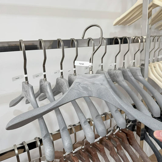 Gray Wood Grain Resin Suit Hangers with Custom Logo for Retail Display