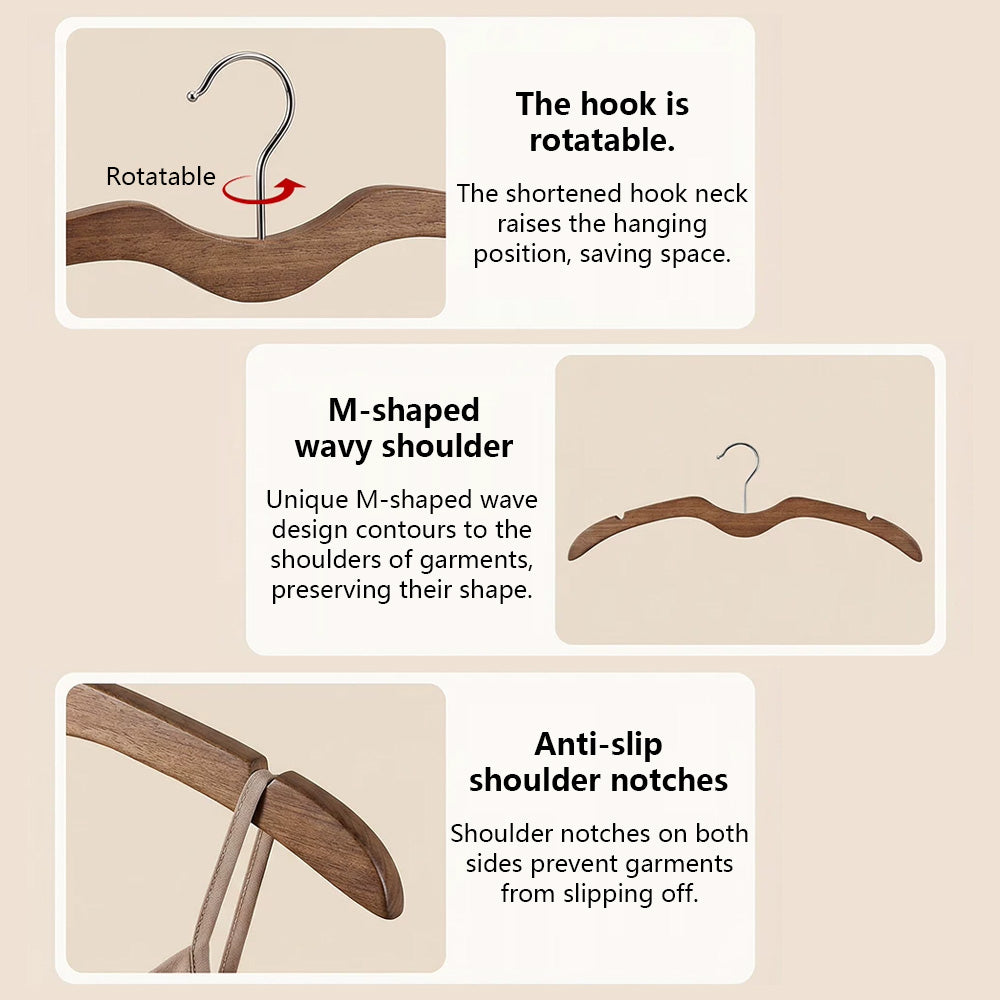 Short-Neck Solid Wood Hanger, M-Shaped Non-Slip Space-Saving Clothes Hanger