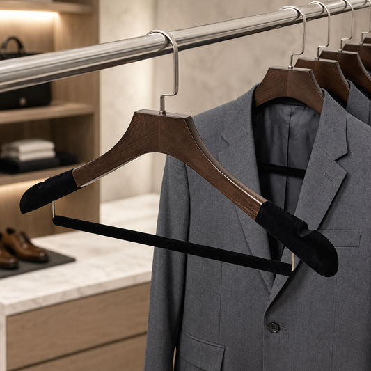 Custom Solid Wood Suit Hanger with Flocked Shoulders & Pants Bar