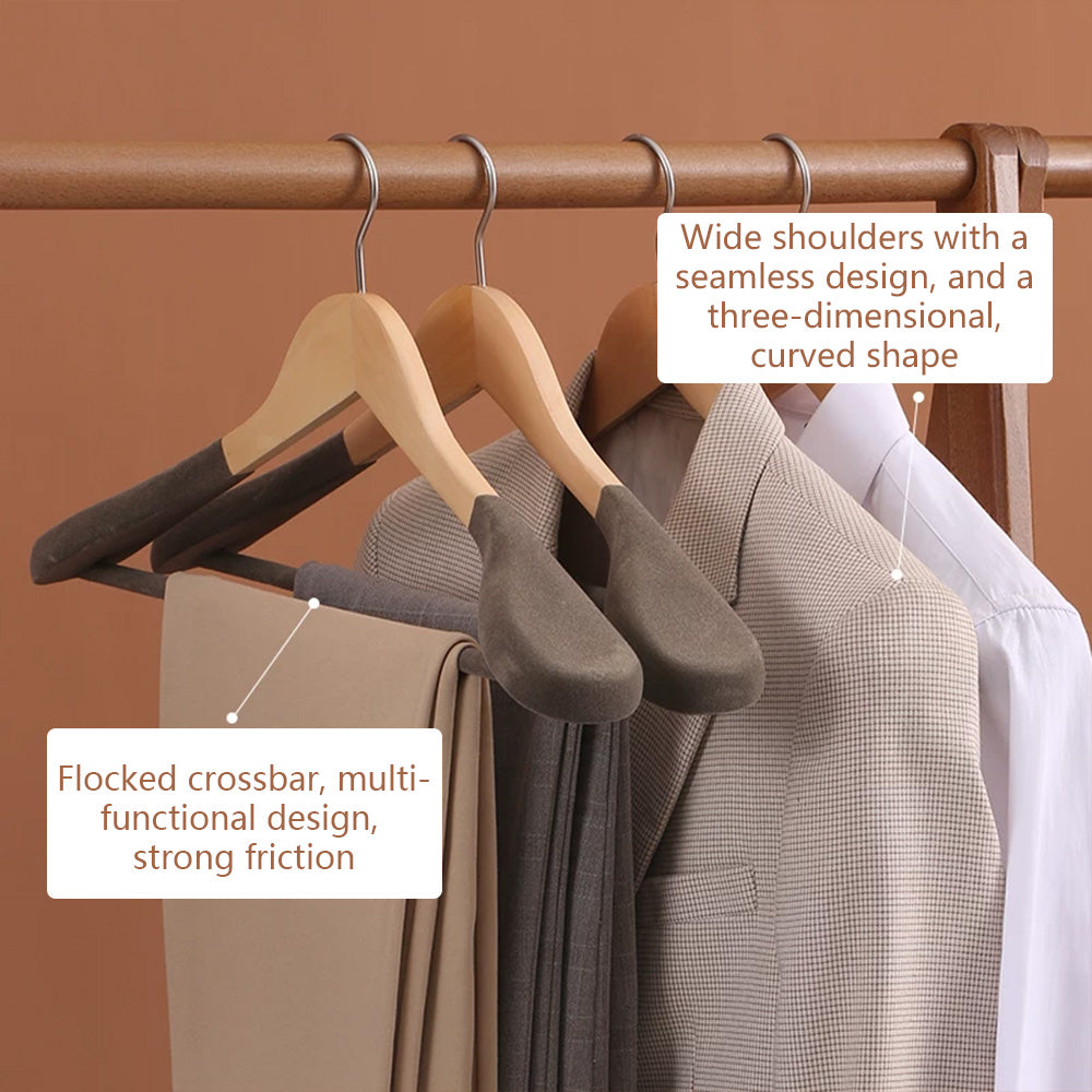Premium Wooden Flocked Hanger - Non-Slip Wide Shoulder for Aldult Suits & Coats
