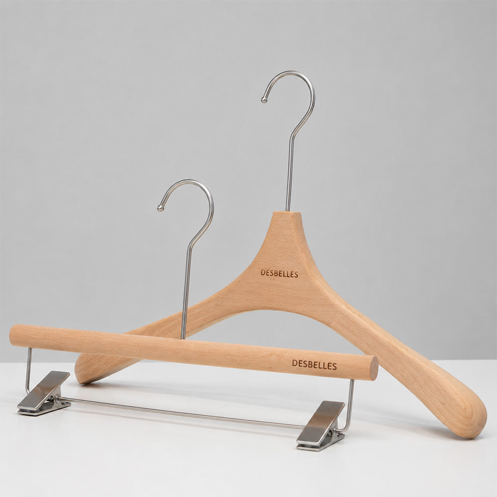 Beech Wood Clothes Hangers with Pants Clips and Custom Logo for Retail