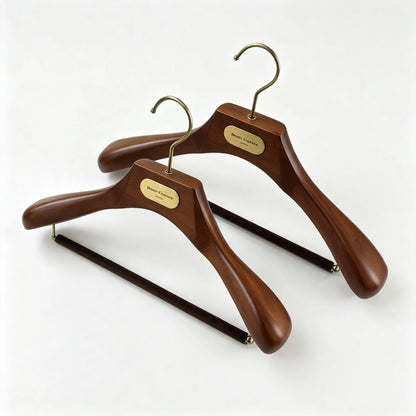 Custom Wooden Suit Hangers with Metal Logo Plate | Wholesale MOQ 50
