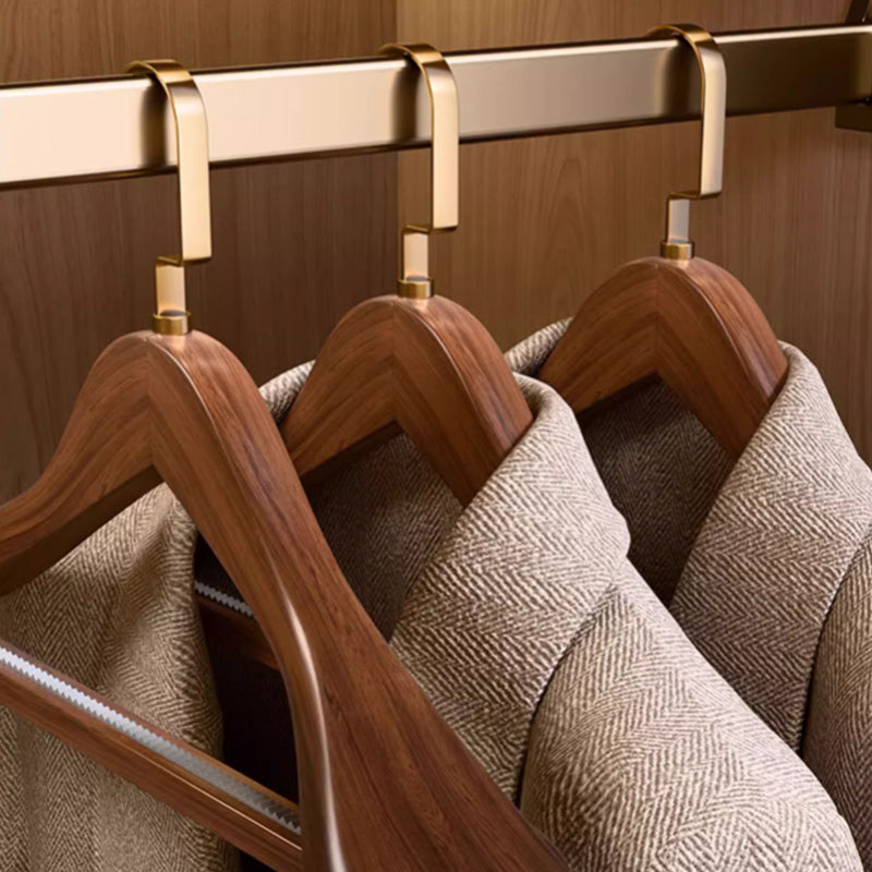 Brown solid wood hangers, gold flat hooks, non-slip serrated design, suitable for clothes and trousers