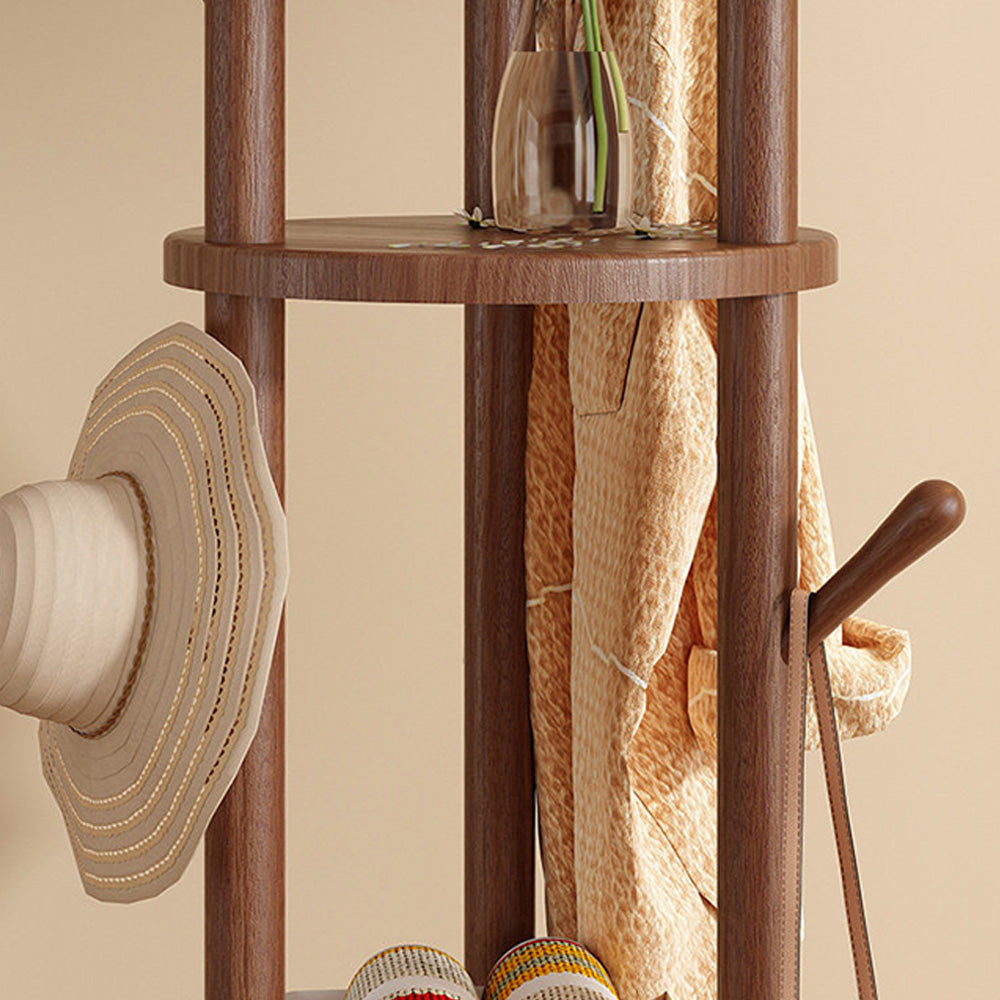 Freestanding Wood Coat Rack & Clothing Rack with Shelves – 360° Rotating Floor Stand