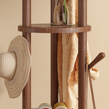 Freestanding Wood Coat Rack & Clothing Rack with Shelves – 360° Rotating Floor Stand