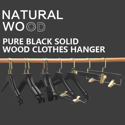 Premium Non-Slip Wooden Hanger - Black Matte Velvet Shoulder Hanger with Pant Clips