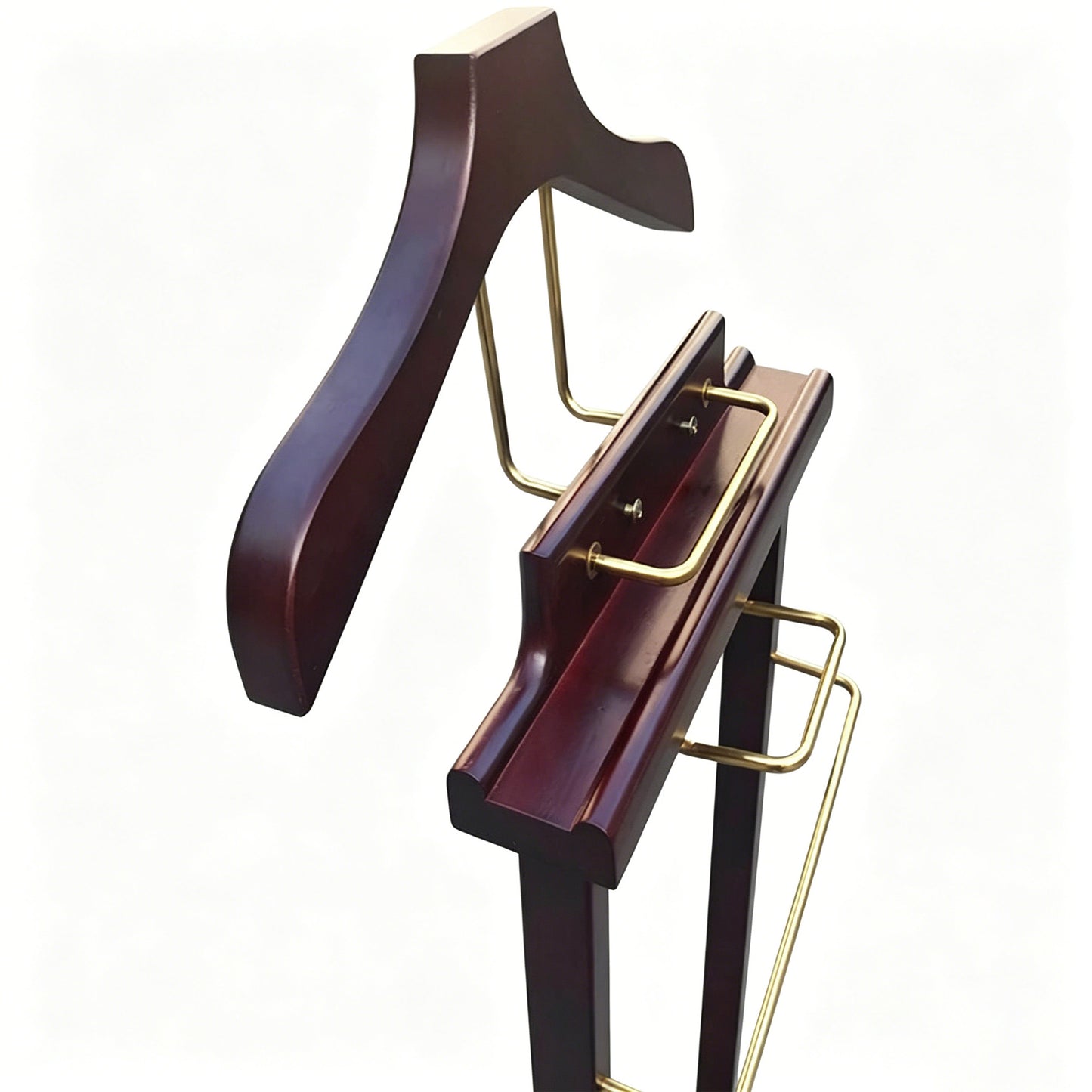 Luxury Solid Wood Suit Valet Stand with Brass Accents – Freestanding Clothes Organizer