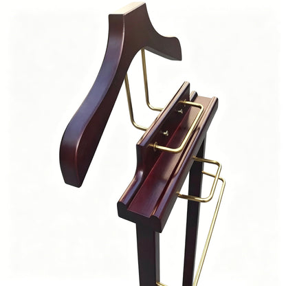 Luxury Solid Wood Suit Valet Stand with Brass Accents – Freestanding Clothes Organizer