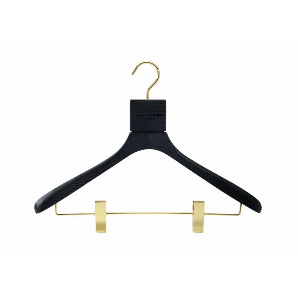 Custom Black Solid Wood Hangers with Ash Wood Grain Texture and Clips