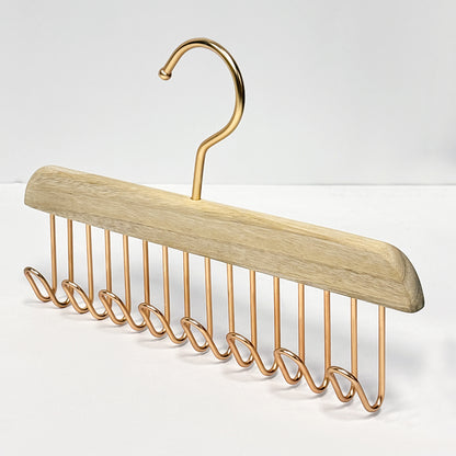 Wooden Hanger Tie & Scarf Organizer | Camphor Wood | Rose Gold Hooks
