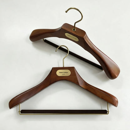 Custom Wooden Suit Hangers with Metal Logo Plate | Wholesale MOQ 50