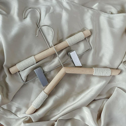 Kids Beech Wood Hangers with Rope | Natural Wooden Children's Clothes & Pants Hanger