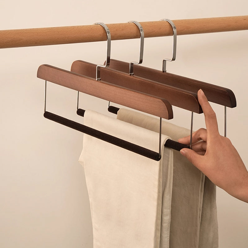Natural Wooden Hanger with Velvet Bar - Multi-Use Pant Skirt Scarf Rack Organizer