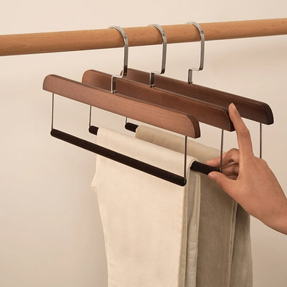 Natural Wooden Hanger with Velvet Bar - Multi-Use Pant Skirt Scarf Rack Organizer