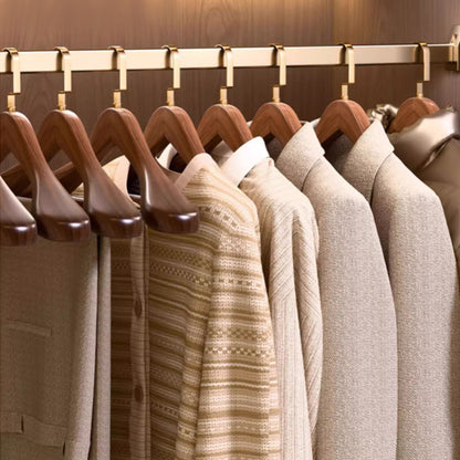 Brown solid wood hangers, gold flat hooks, non-slip serrated design, suitable for clothes and trousers