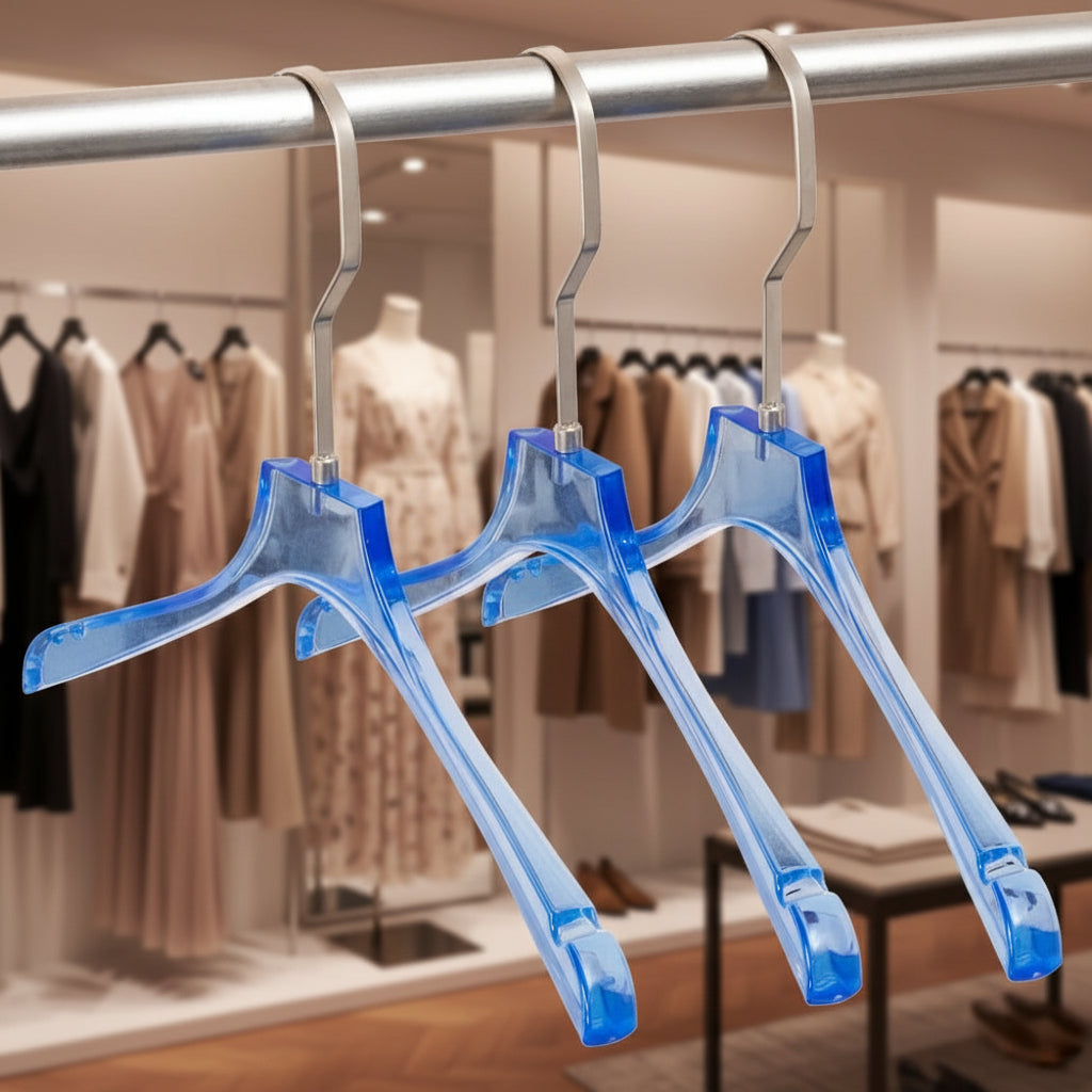 Premium Blue Acrylic Clothes Hanger with Pants Clip - Durable Unisex Store Display