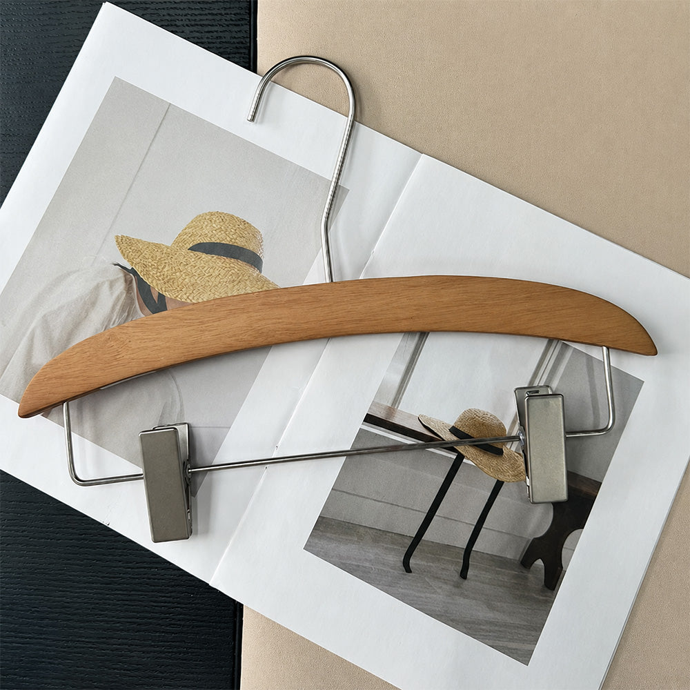 Vintage Walnut Solid Wood Hangers with Clips for Suits and Pants