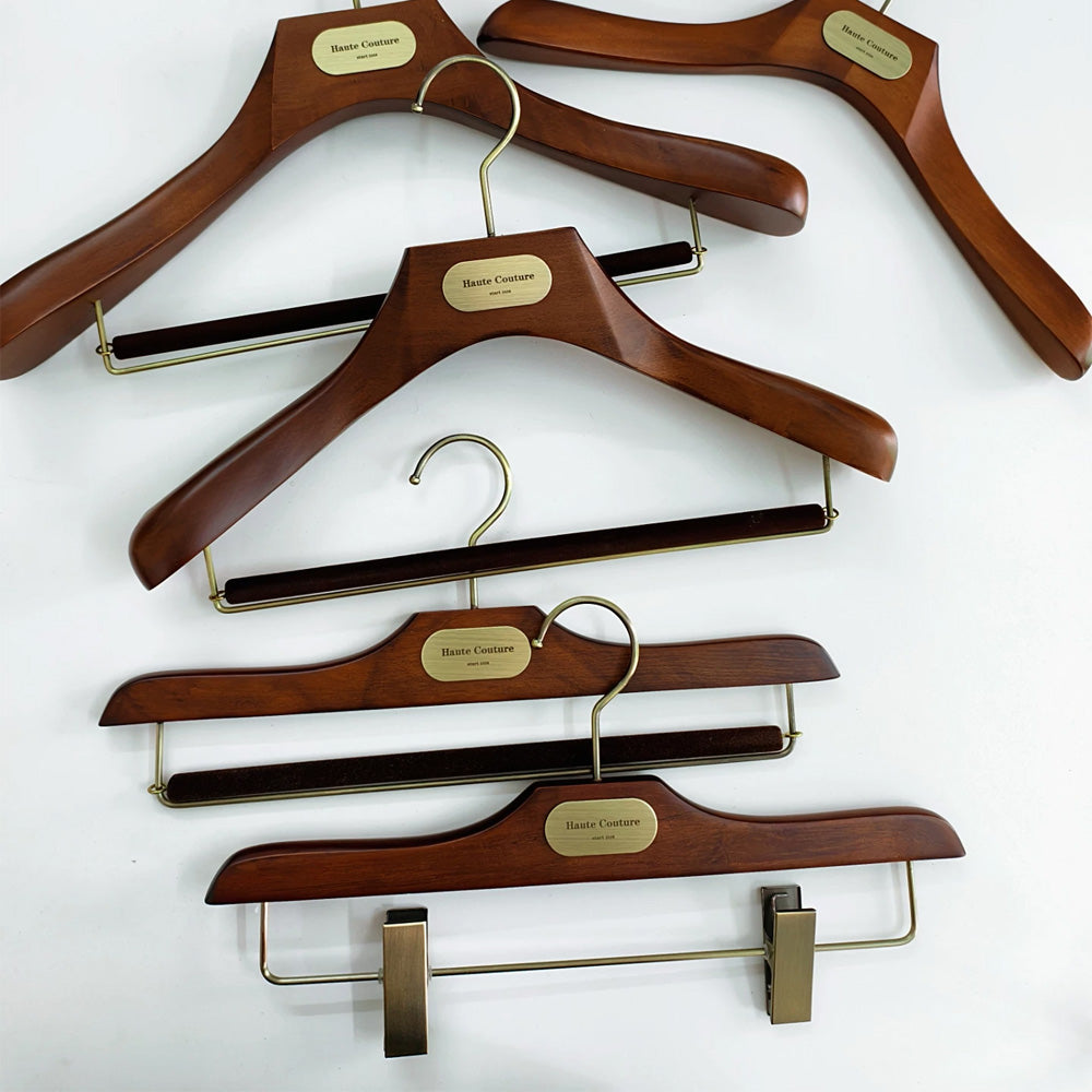 Custom Wooden Suit Hangers with Metal Logo Plate | Wholesale MOQ 50