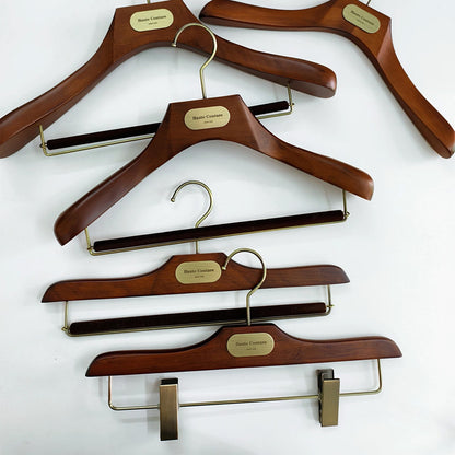 Custom Wooden Suit Hangers with Metal Logo Plate | Wholesale MOQ 50