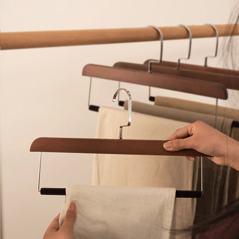 Natural Wooden Hanger with Velvet Bar - Multi-Use Pant Skirt Scarf Rack Organizer
