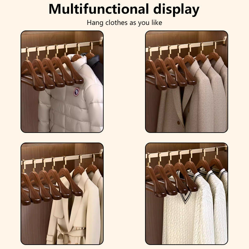Brown solid wood hangers, gold flat hooks, non-slip serrated design, suitable for clothes and trousers