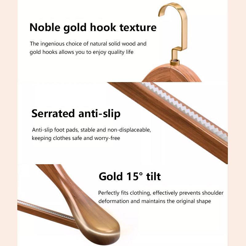 Brown solid wood hangers, gold flat hooks, non-slip serrated design, suitable for clothes and trousers