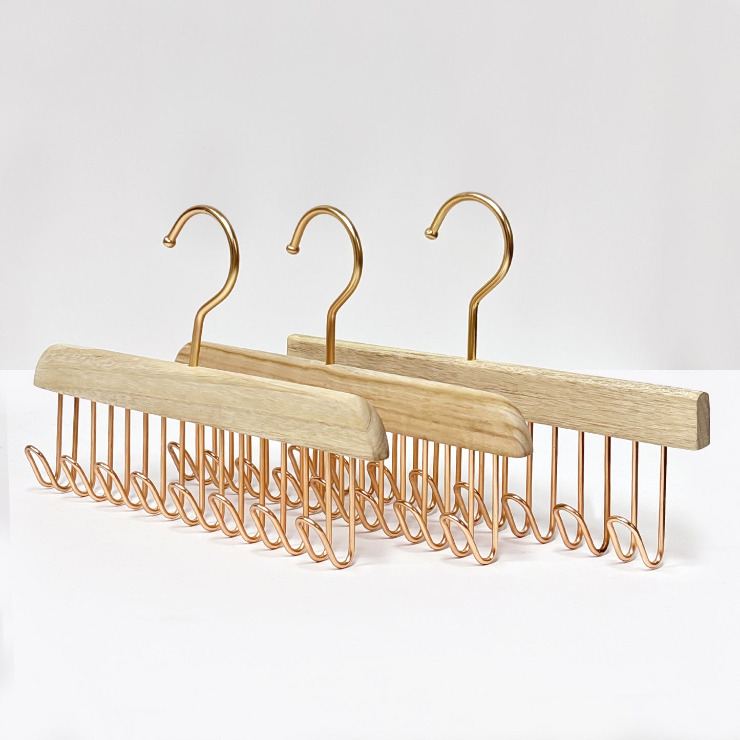 Wooden Hanger Tie & Scarf Organizer | Camphor Wood | Rose Gold Hooks