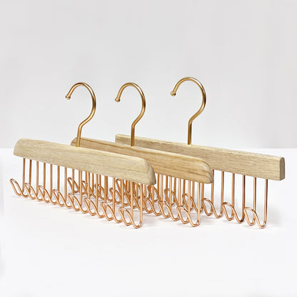 Wooden Hanger Tie & Scarf Organizer | Camphor Wood | Rose Gold Hooks