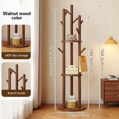 Freestanding Wood Coat Rack & Clothing Rack with Shelves – 360° Rotating Floor Stand