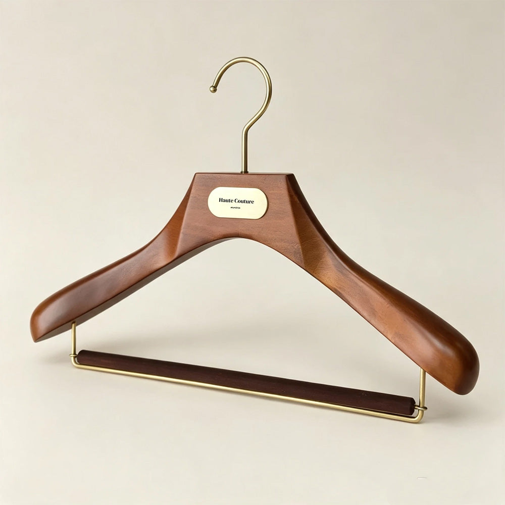 Custom Wooden Suit Hangers with Metal Logo Plate | Wholesale MOQ 50