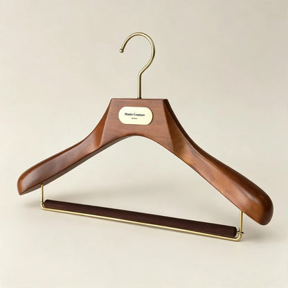 Custom Wooden Suit Hangers with Metal Logo Plate | Wholesale MOQ 50