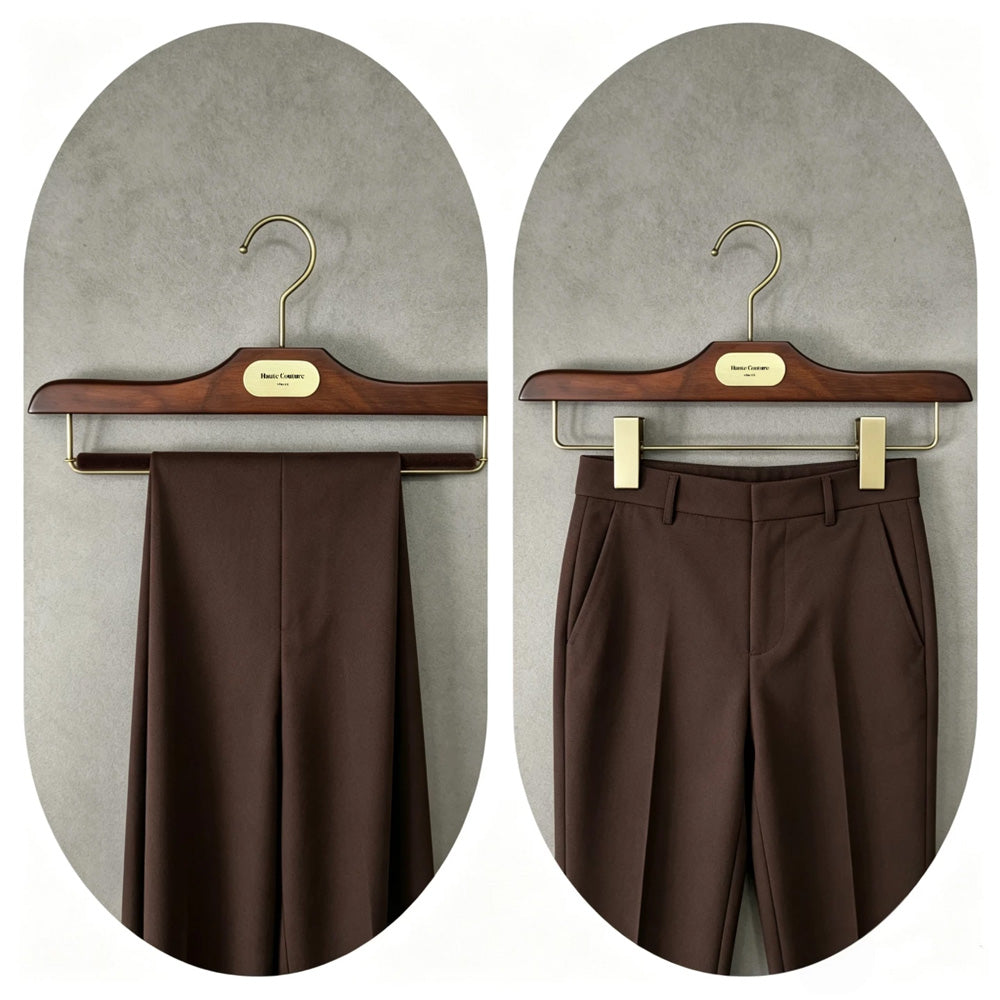 Custom Wooden Suit Hangers with Metal Logo Plate | Wholesale MOQ 50