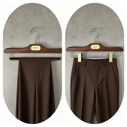 Custom Wooden Suit Hangers with Metal Logo Plate | Wholesale MOQ 50