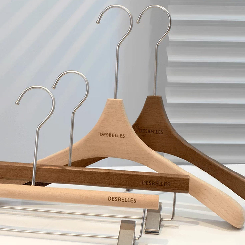Beech Wood Clothes Hangers with Pants Clips and Custom Logo for Retail