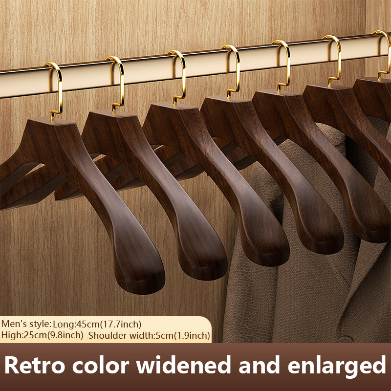 Brown solid wood hangers, gold flat hooks, non-slip serrated design, suitable for clothes and trousers