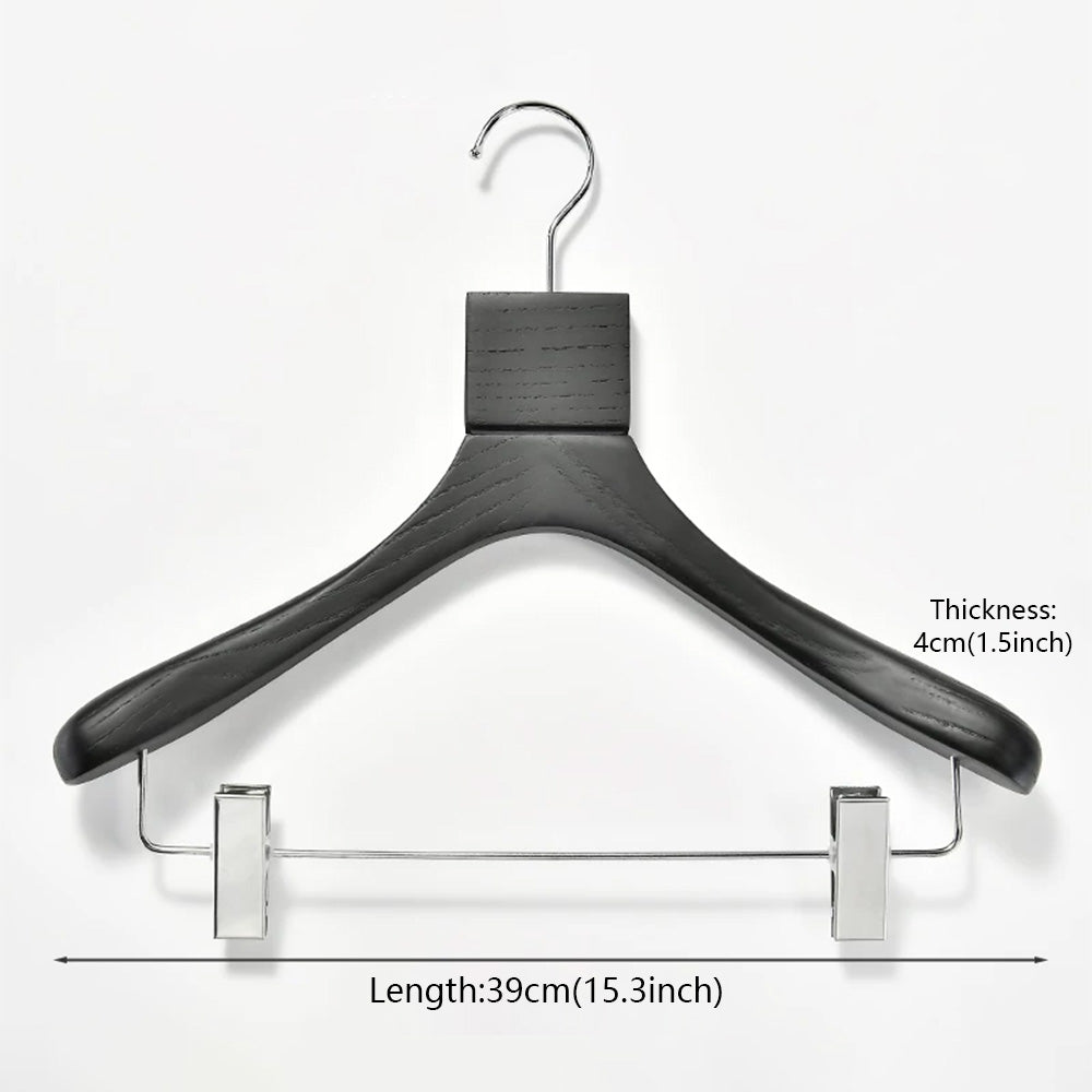 Custom Black Solid Wood Hangers with Ash Wood Grain Texture and Clips