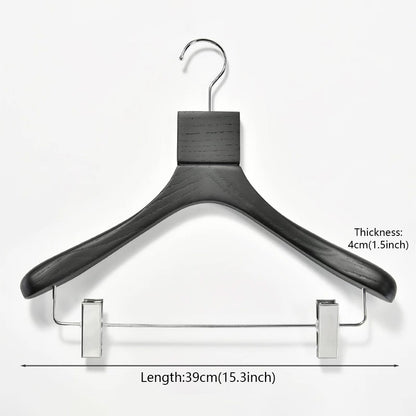 Custom Black Solid Wood Hangers with Ash Wood Grain Texture and Clips