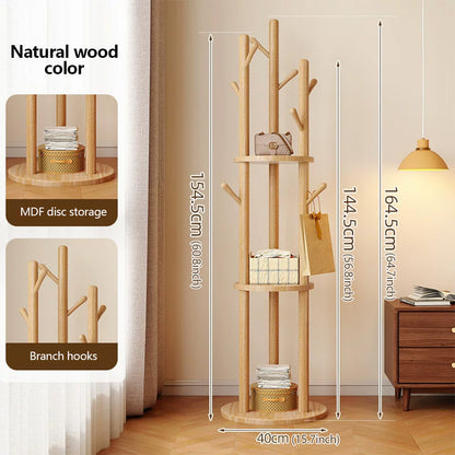 Freestanding Wood Coat Rack & Clothing Rack with Shelves – 360° Rotating Floor Stand