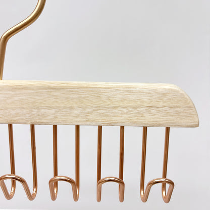 Wooden Hanger Tie & Scarf Organizer | Camphor Wood | Rose Gold Hooks