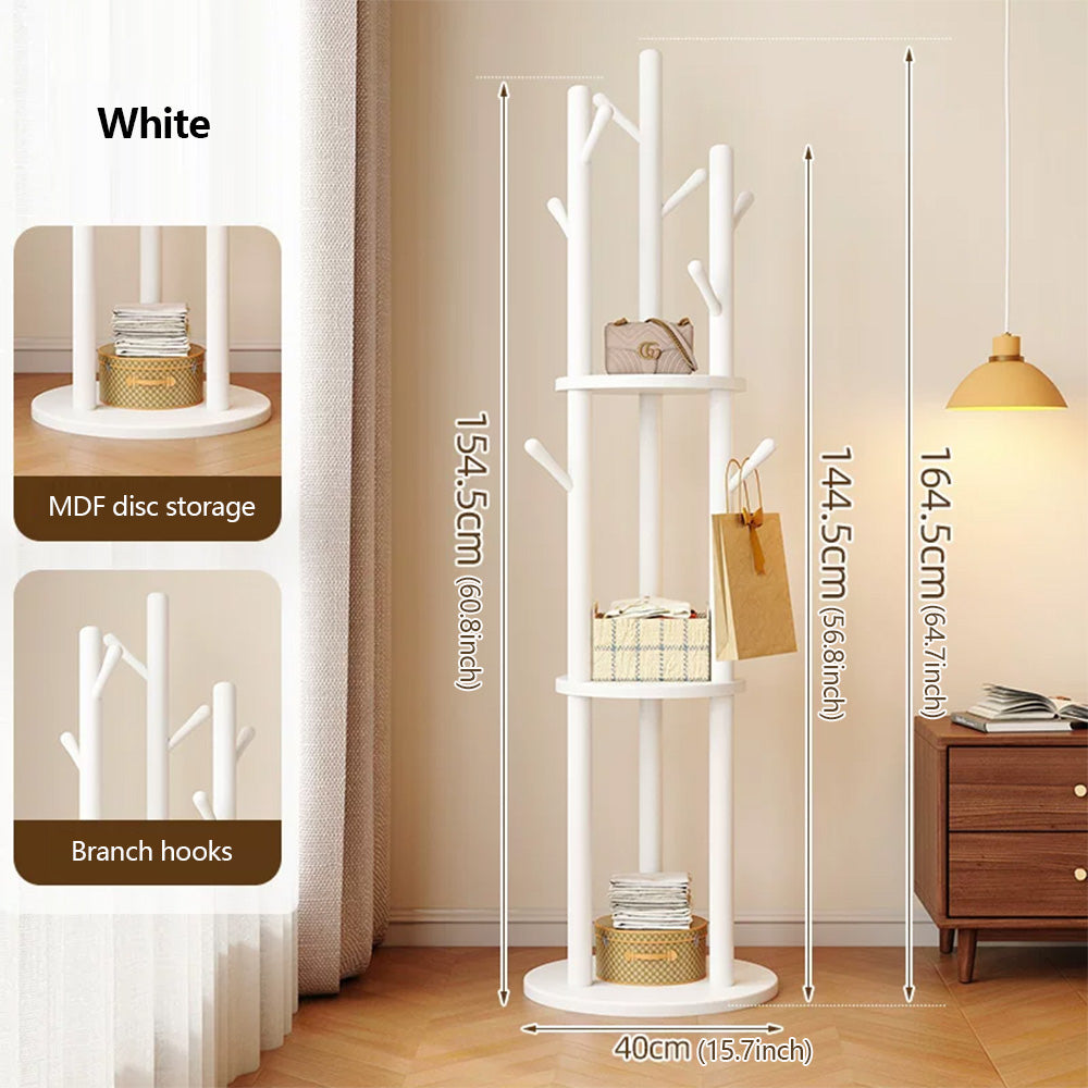 Freestanding Wood Coat Rack & Clothing Rack with Shelves – 360° Rotating Floor Stand