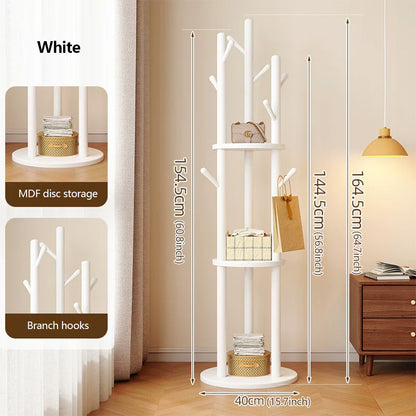 Freestanding Wood Coat Rack & Clothing Rack with Shelves – 360° Rotating Floor Stand