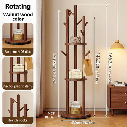 Freestanding Wood Coat Rack & Clothing Rack with Shelves – 360° Rotating Floor Stand