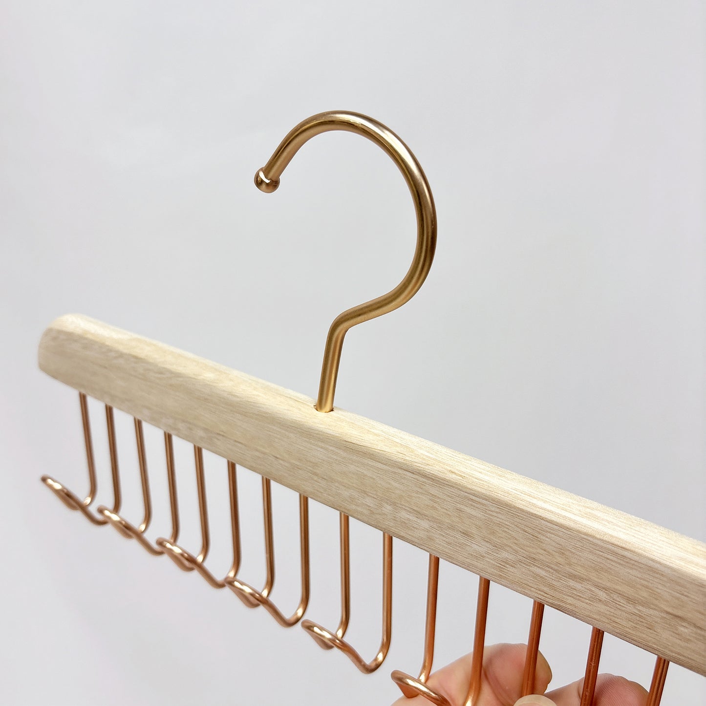 Wooden Hanger Tie & Scarf Organizer | Camphor Wood | Rose Gold Hooks