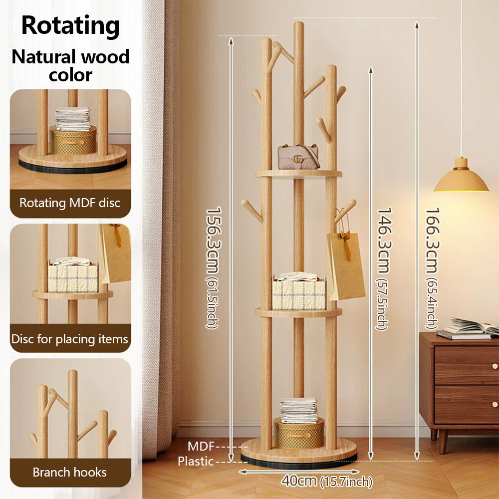 Freestanding Wood Coat Rack & Clothing Rack with Shelves – 360° Rotating Floor Stand